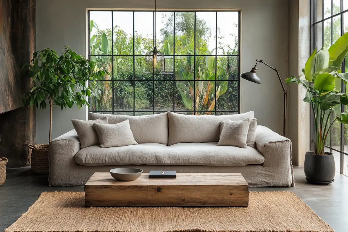 Modern Rustic Living Room that blends modern design with rustic charm. Imagine a space where contemporary clean lines meet natural materials, creating a cosy yet sleek aesthetic. This room is all about balance: the neutral palette provides a calm, welcoming base, while the wood textures and greenery add warmth and character. The mix of industrial light fixtures, minimalist furniture, and soft fabrics ties the whole look together. Neutral Sofa with Clean Lines A simple grey or beige sofa like this one from Wayfair sets the foundation for a modern yet cosy feel, dark brown cushions. Look for something with straight lines to keep it contemporary but in a soft fabric to maintain comfort.